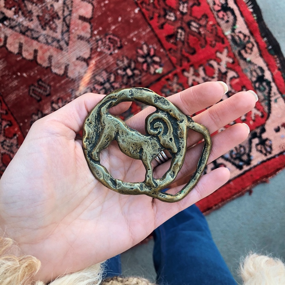 Vintage 70s Brass Aries Buckle / Aries Zodiac / Brutalist Brass Buckle